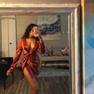 Twist front wrap split hem satin dress